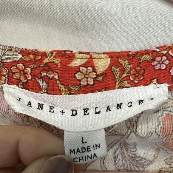 Jane And Delancey Floral 3/4 Sleeve Hi Lo Swing Top Tassel Tie Boho Peasant sz L - Picture 6 of 11